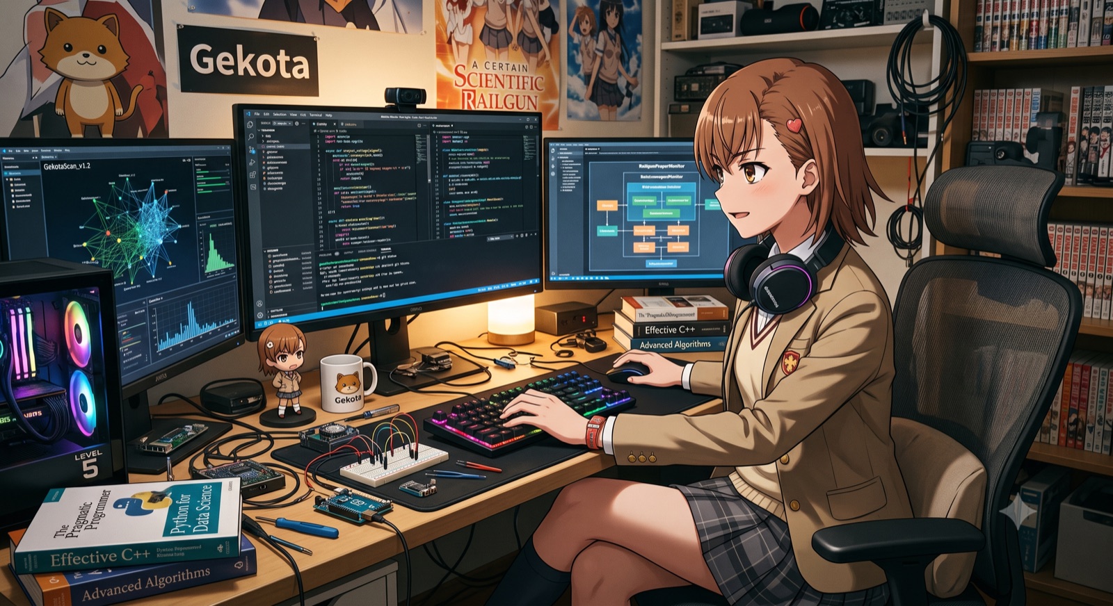 Anime-style illustration of a programmer coding at a multi-monitor workstation